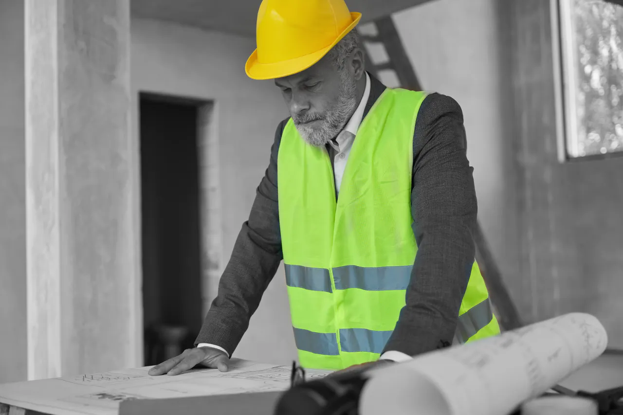 A manager studying drawings on site, working out what a job will take