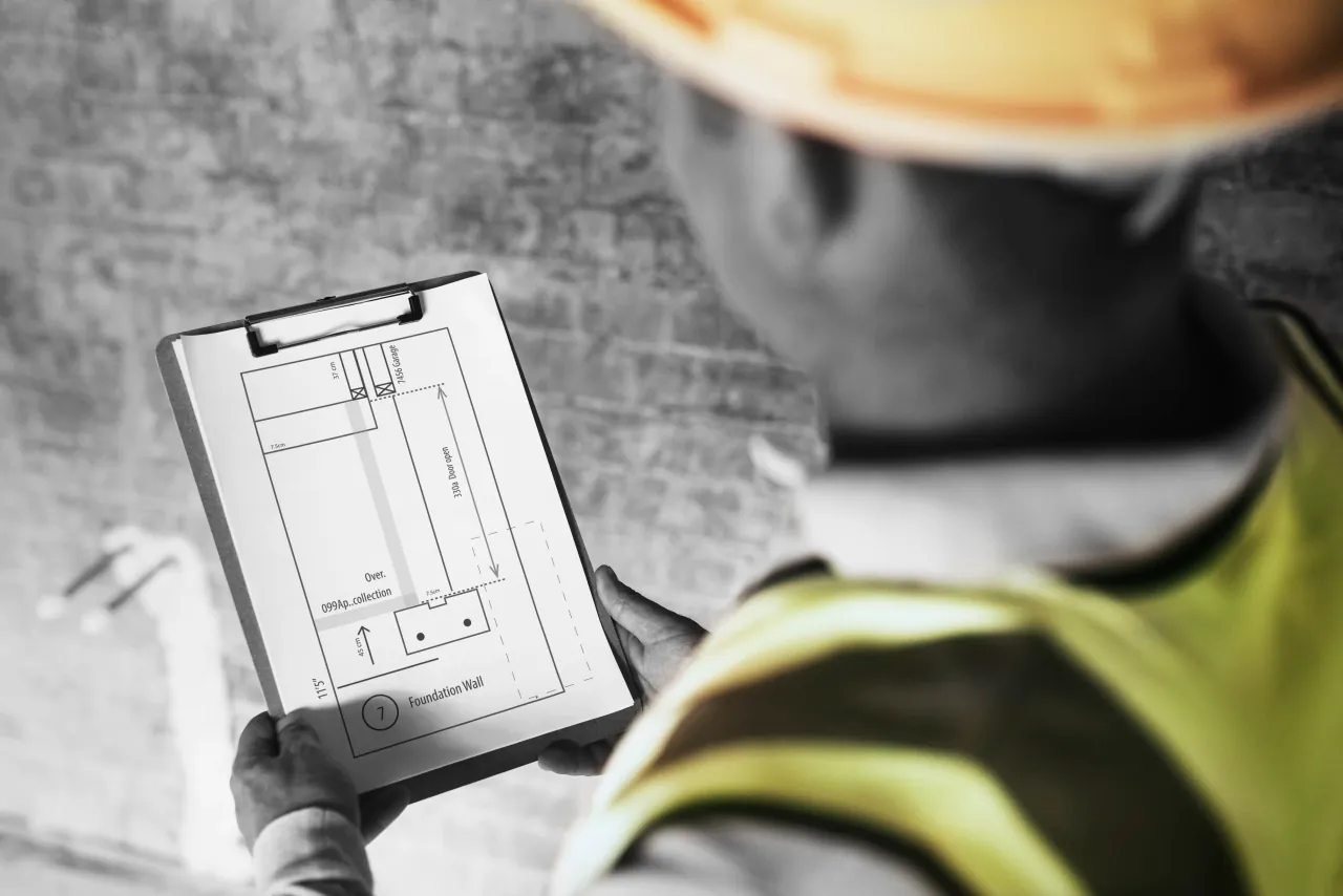 Site operative reading a dimensioned drawing detail from a clipboard