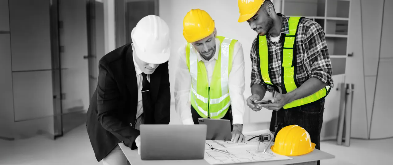 Three people in hard hats around a laptop and a set of drawings, one checking a phone