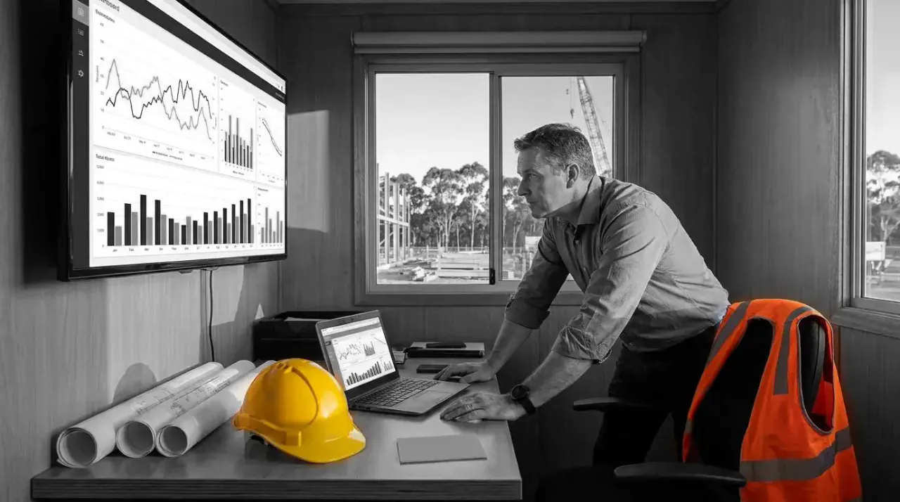 Construction manager reviewing live job costs in Unibuild