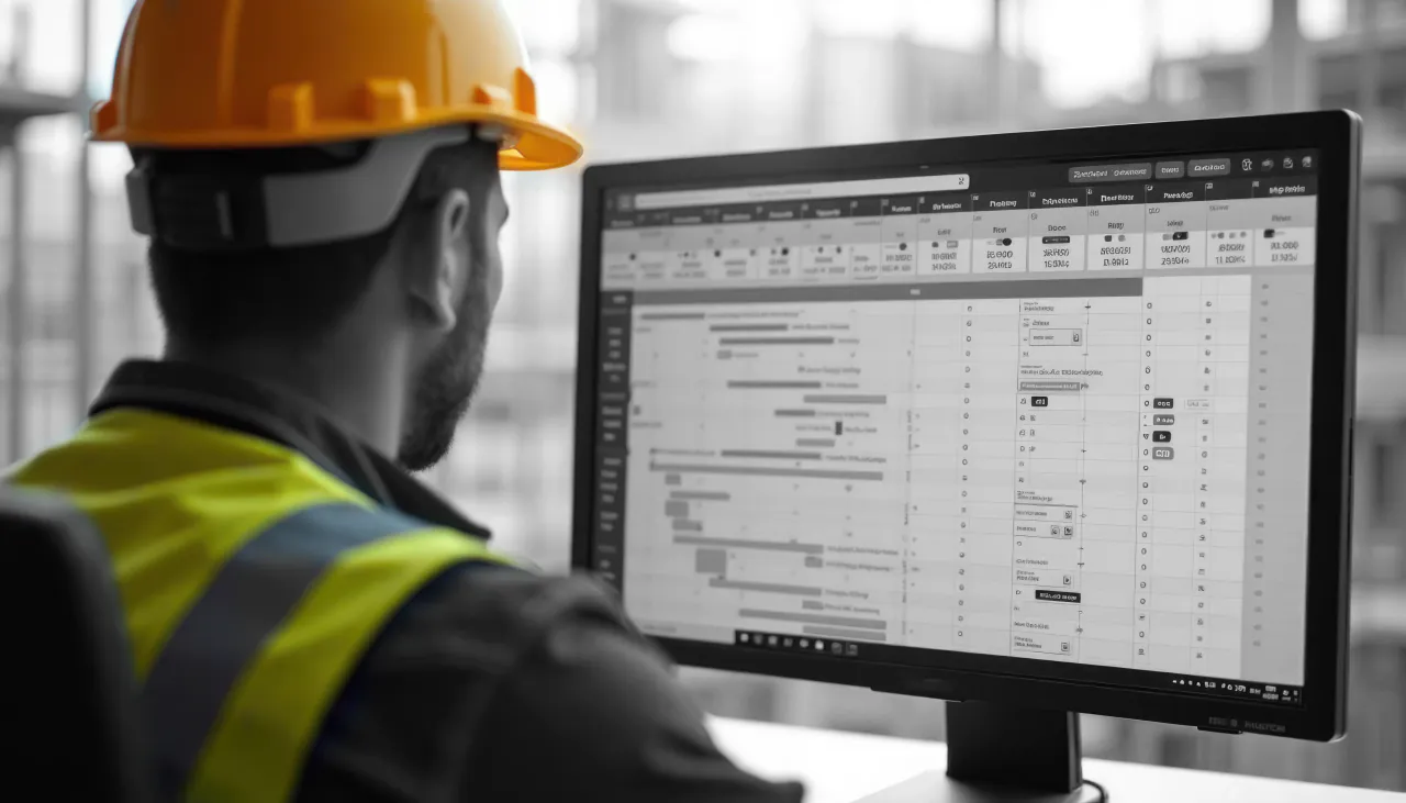 An operative in a hard hat reading a programme on an office screen
