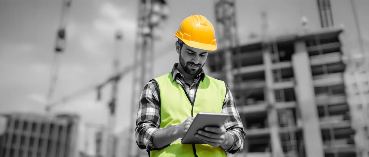 Construction worker reviewing a purchase order on a tablet