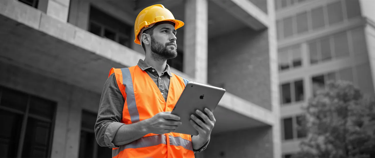 Site worker in a hard hat and hi-vis holding a tablet in front of a building under construction