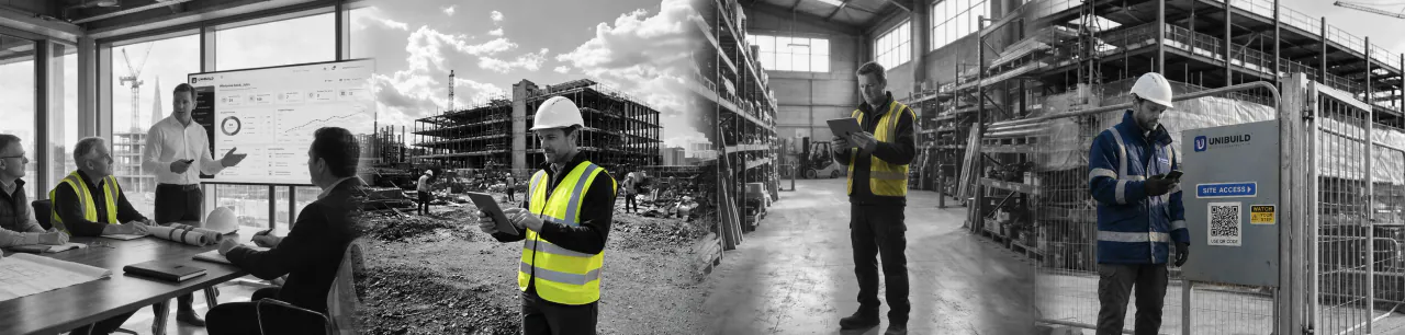 Unibuild in use across four settings: an office progress meeting, a site manager with a tablet, the plant store, and a worker signing in at a site access gate