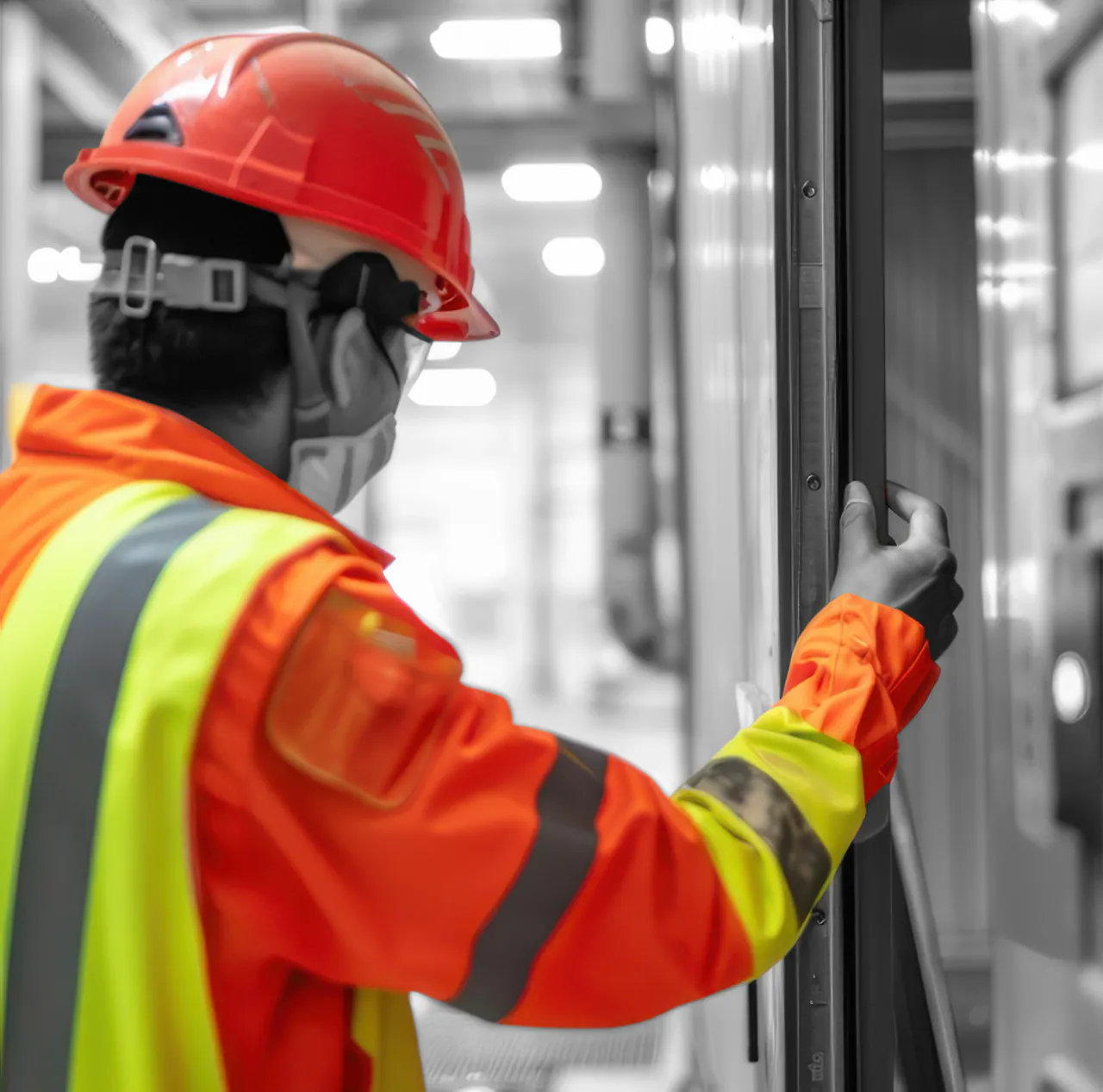 Operative in a hard hat and hi-vis checking the edge of a door frame