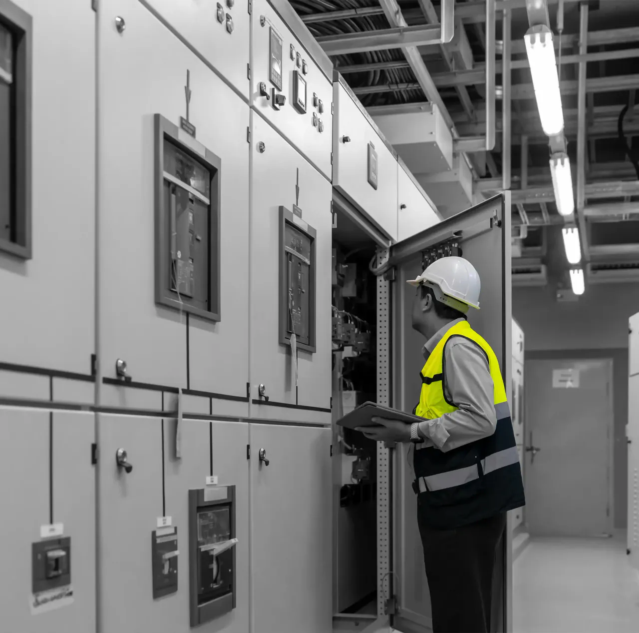 Electrician in a hard hat and hi-vis with a tablet at an open switchgear panel