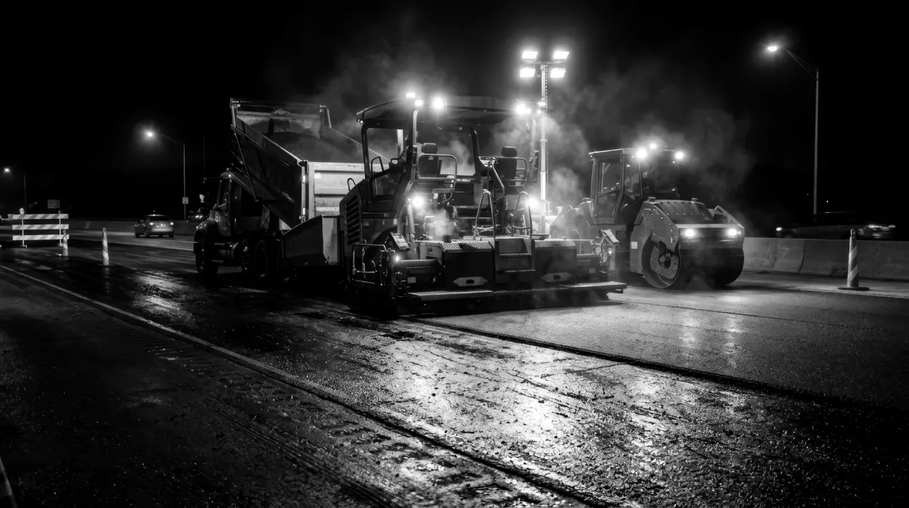 A paving train and roller working a carriageway at night under floodlights