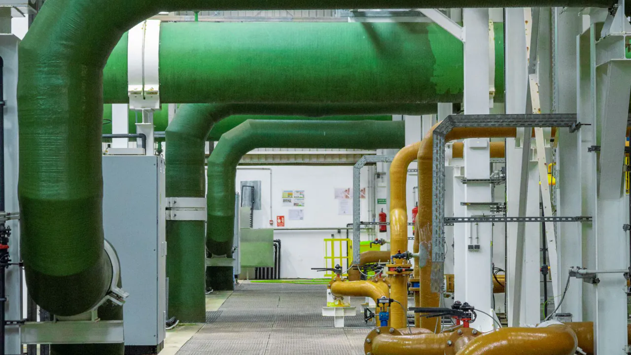 Pipework and plant in a building services plant room