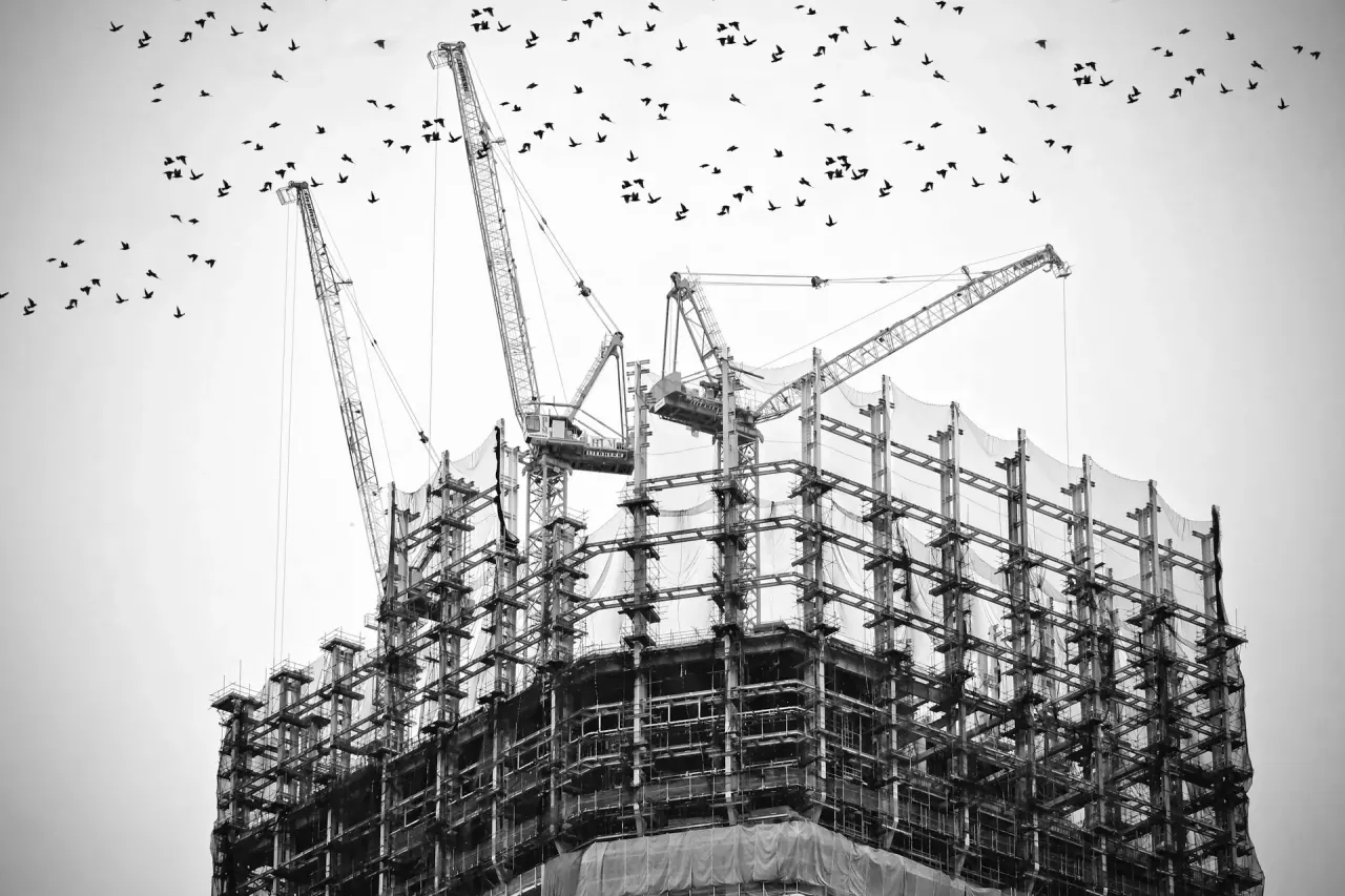 Tower cranes above a building under construction