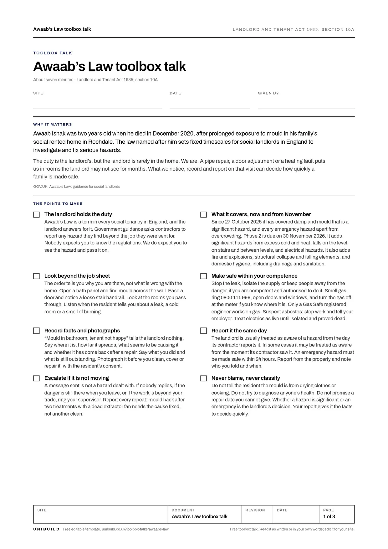 Front page of the free Awaab’s Law toolbox talk from Unibuild: why it matters, and the points to make to engineers and trades working in social rented homes