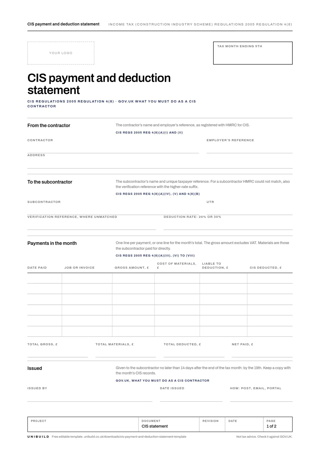 Front page of the free CIS payment and deduction statement template from Unibuild