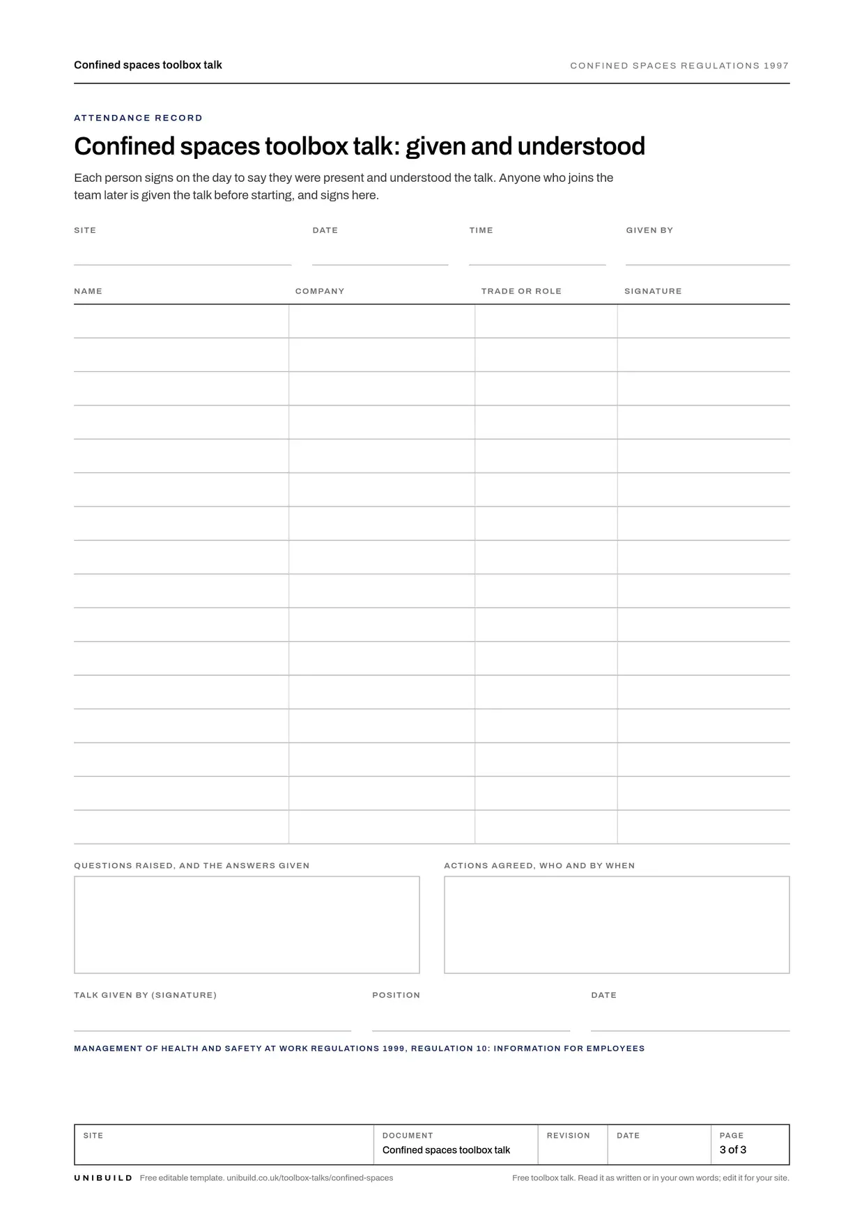 Attendance record page of the free confined spaces toolbox talk from Unibuild, where each person signs to say they were given the talk and understood it