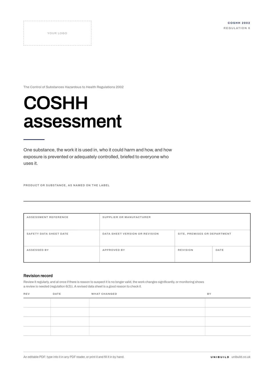 First page of the free COSHH assessment template