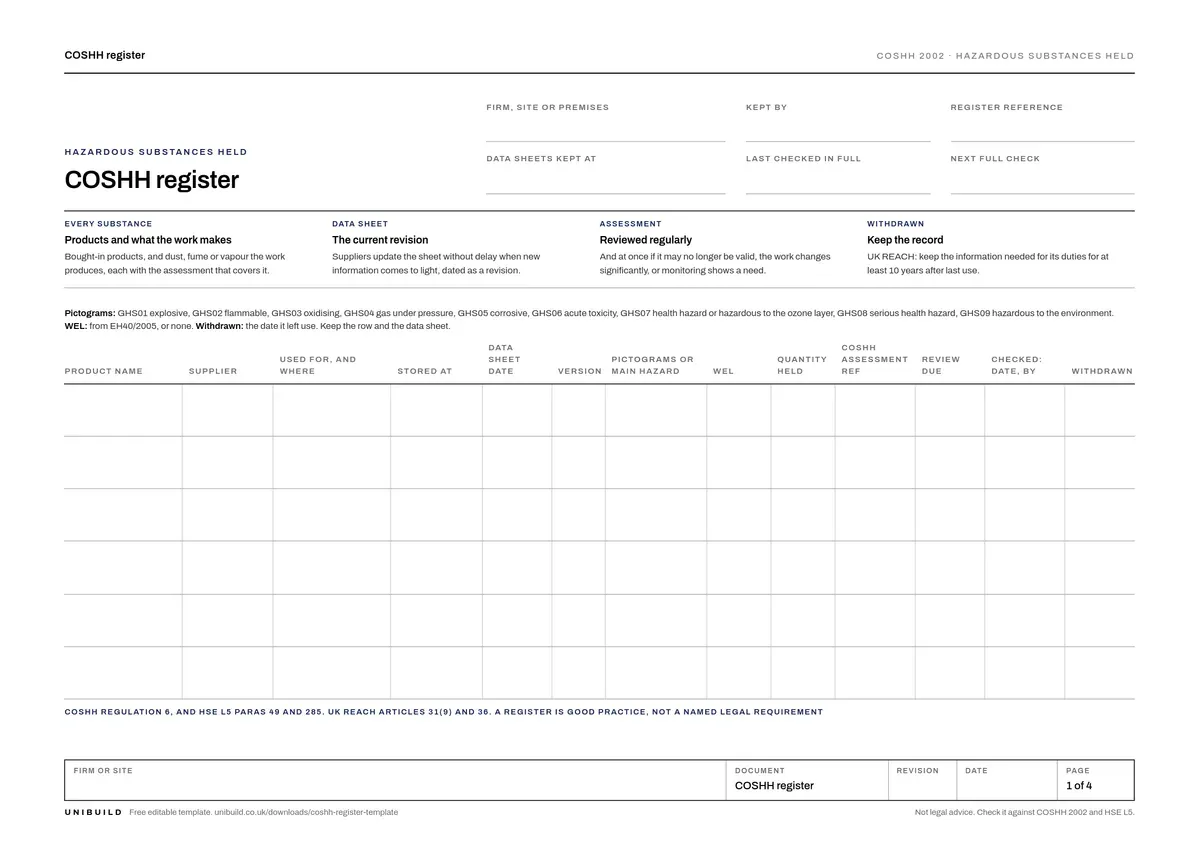First page of the free COSHH register template