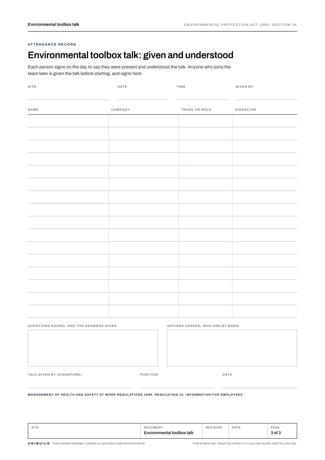 Attendance record page of the free environmental toolbox talk from Unibuild, where each person signs to say they were given the talk and understood it