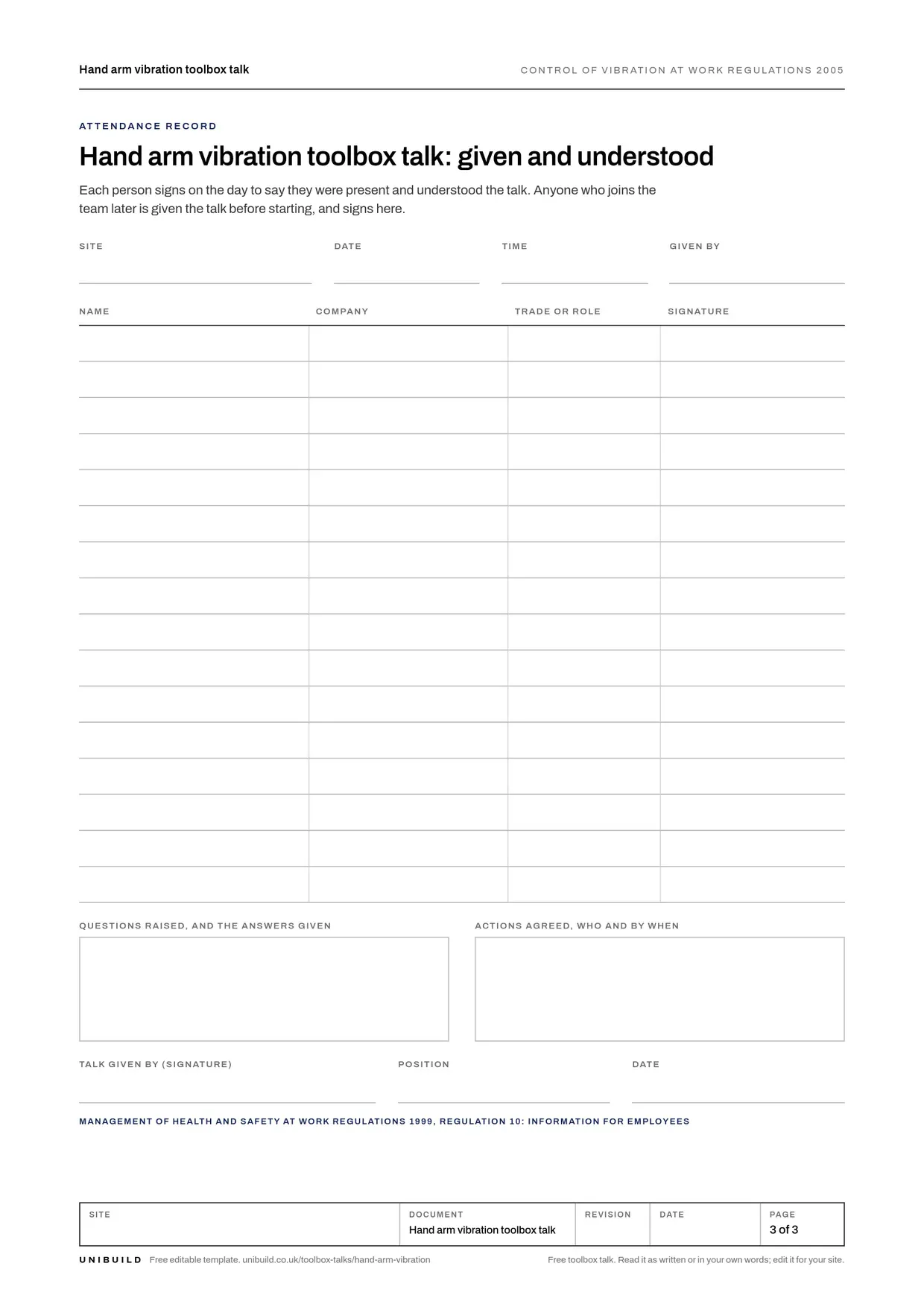 Attendance record page of the free hand arm vibration toolbox talk from Unibuild, where each person signs to say they were given the talk and understood it