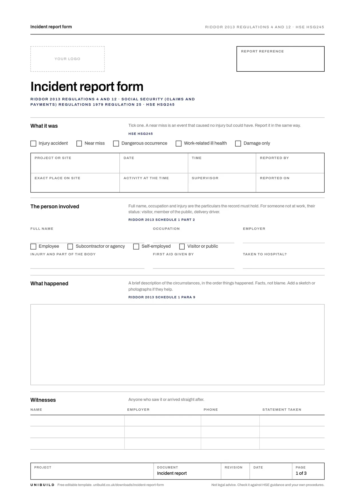 Front page of the free incident report form template from Unibuild