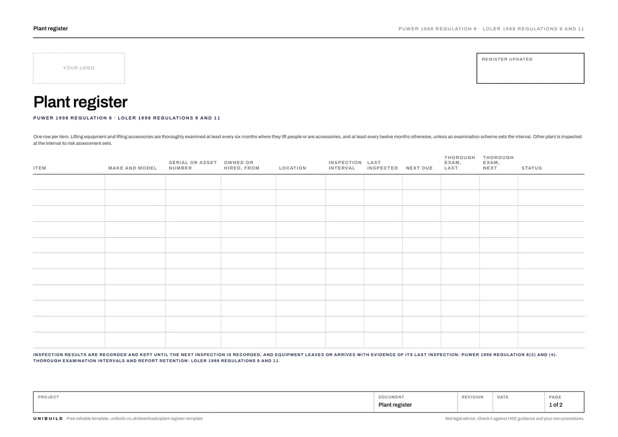 Front page of the free plant register template from Unibuild
