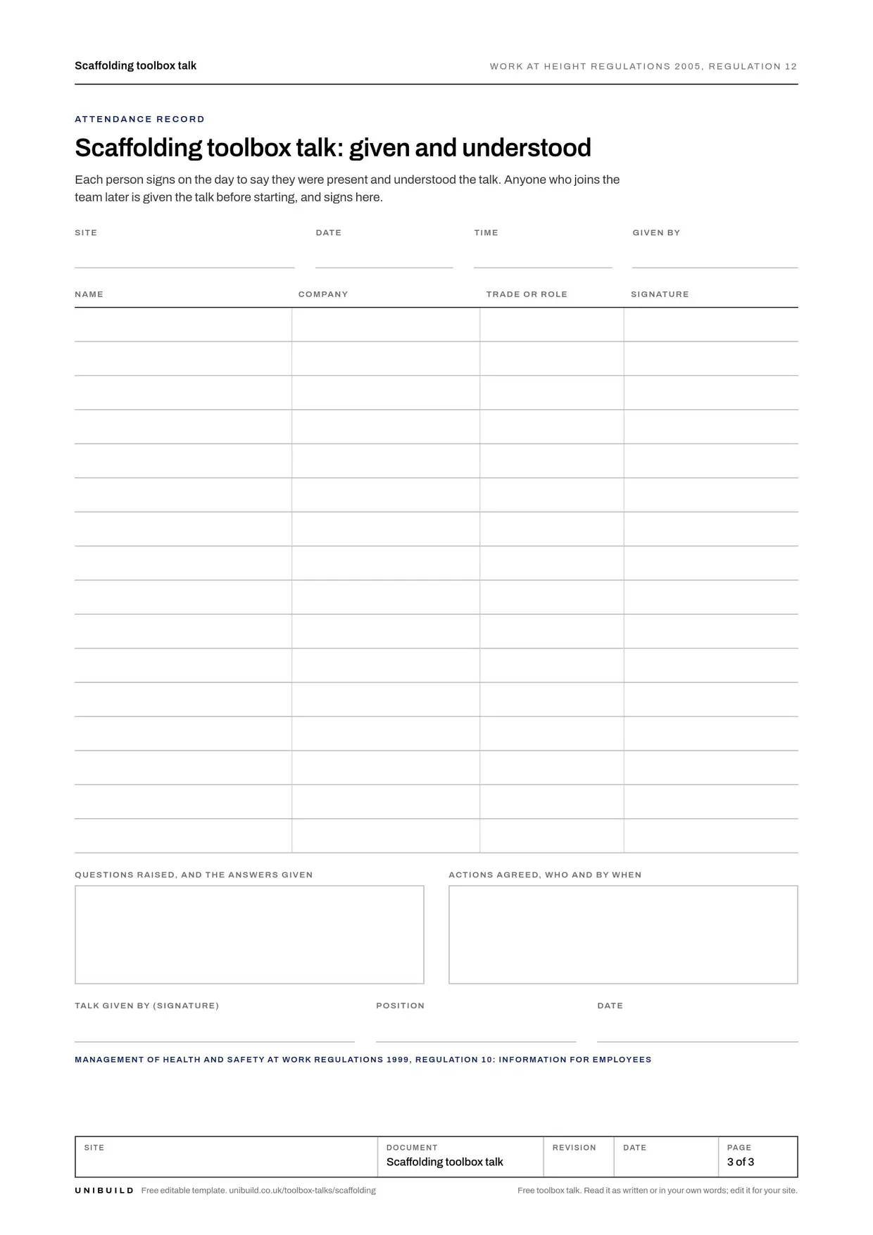 Attendance record page of the free scaffolding toolbox talk from Unibuild, where each person signs to say they were given the talk and understood it