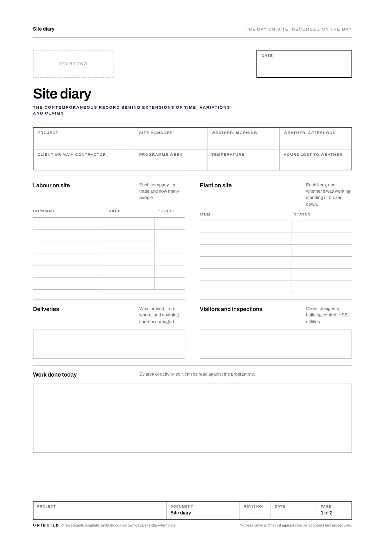 Front page of the free site diary template from Unibuild