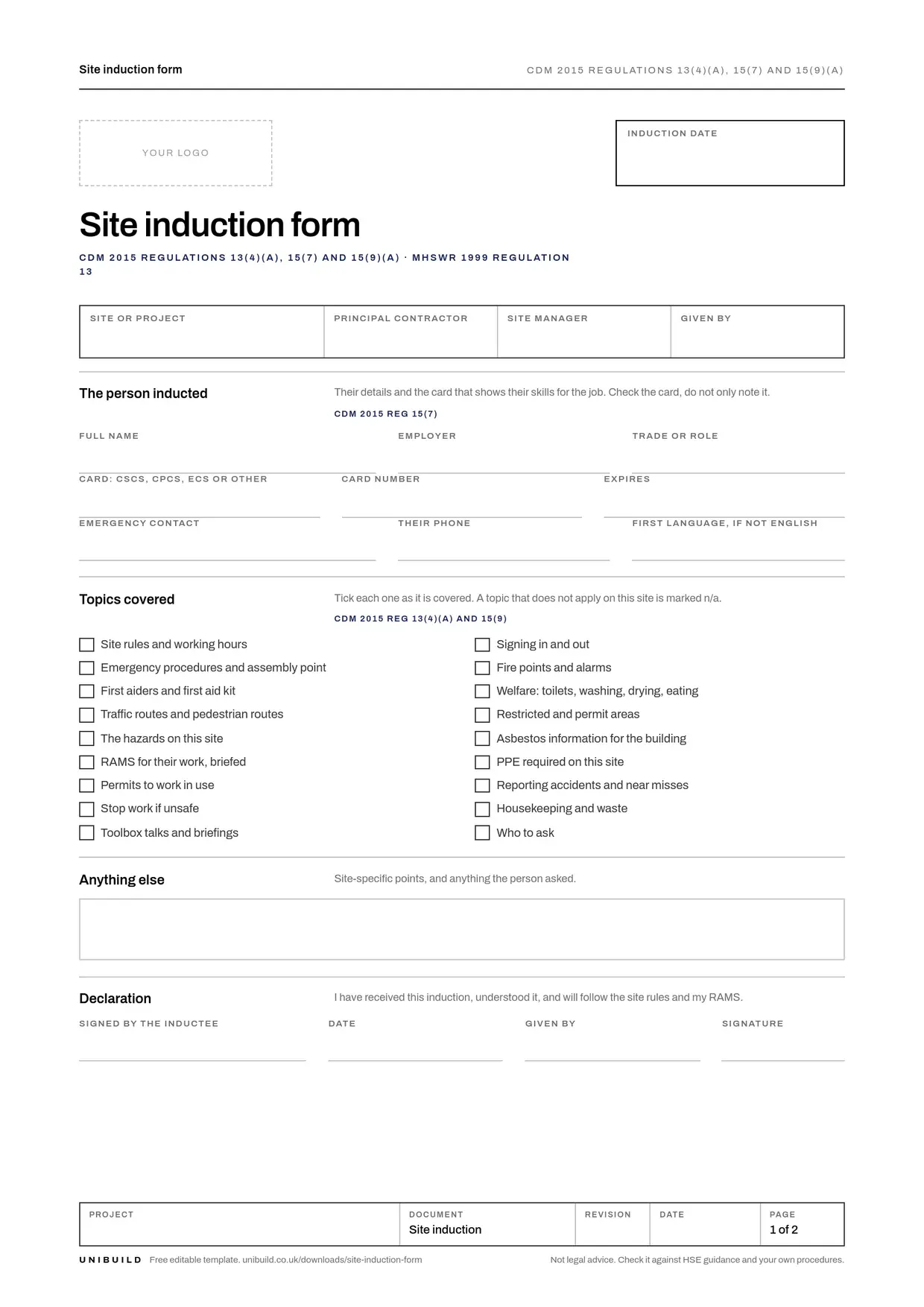Front page of the free site induction form template from Unibuild