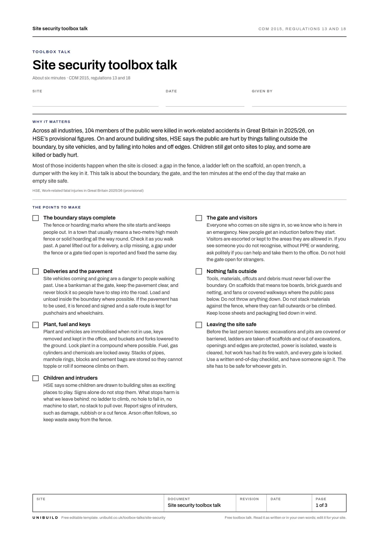 Front page of the free site security toolbox talk from Unibuild