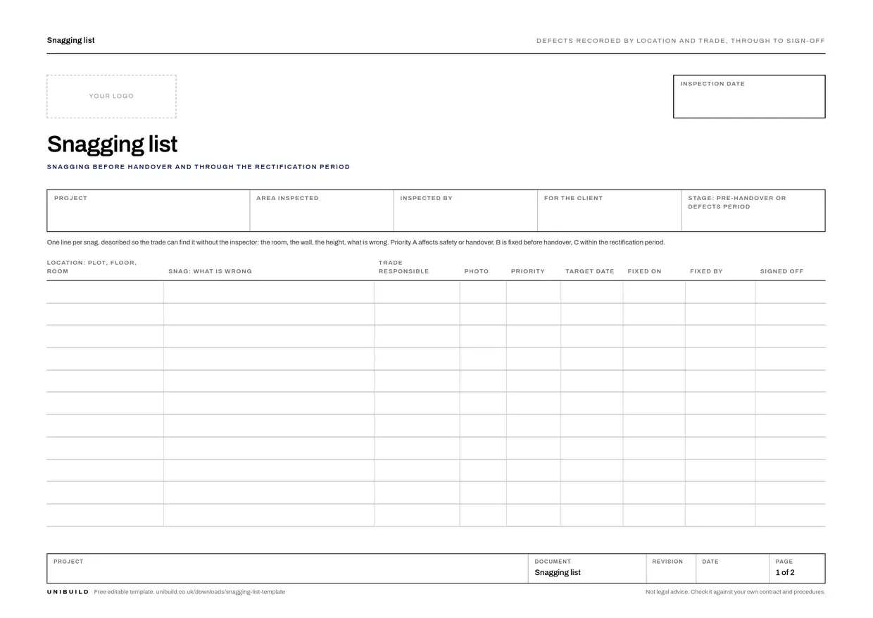 Front page of the free snagging list template from Unibuild