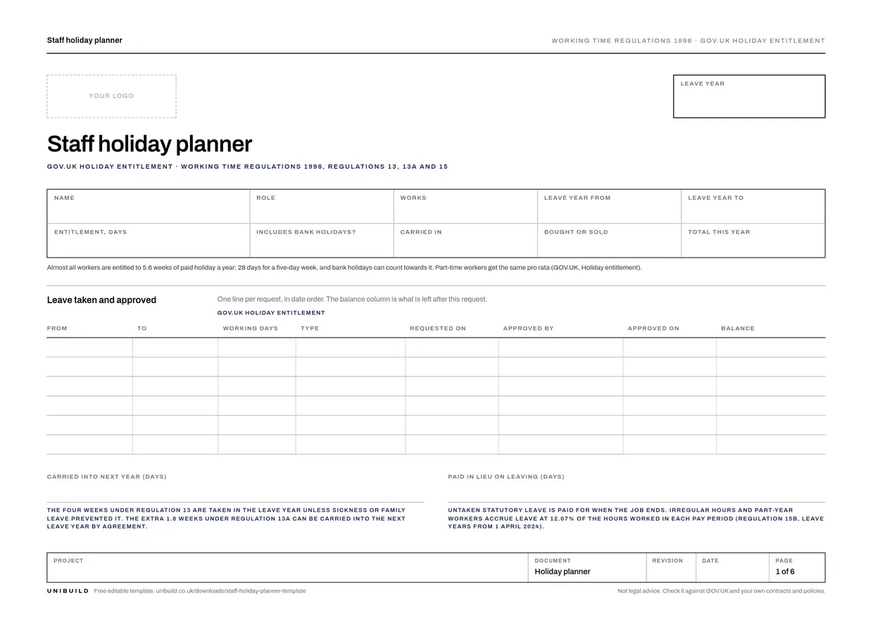 First page of the free staff holiday planner template