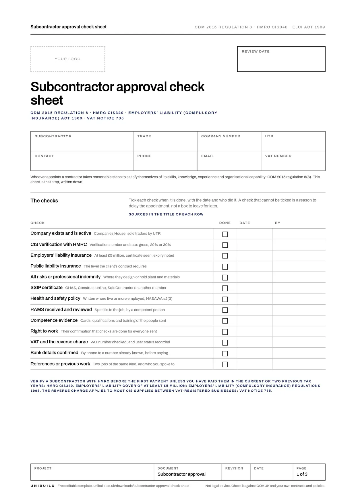 First page of the free subcontractor approval check sheet template