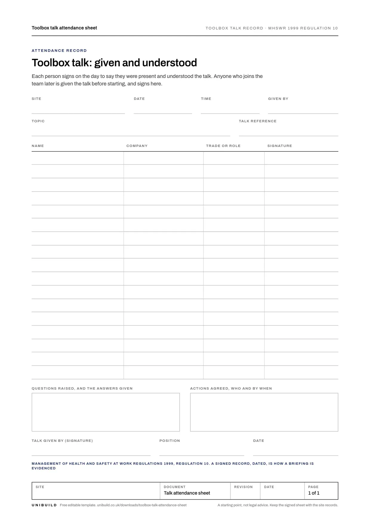 First page of the free toolbox talk attendance sheet template
