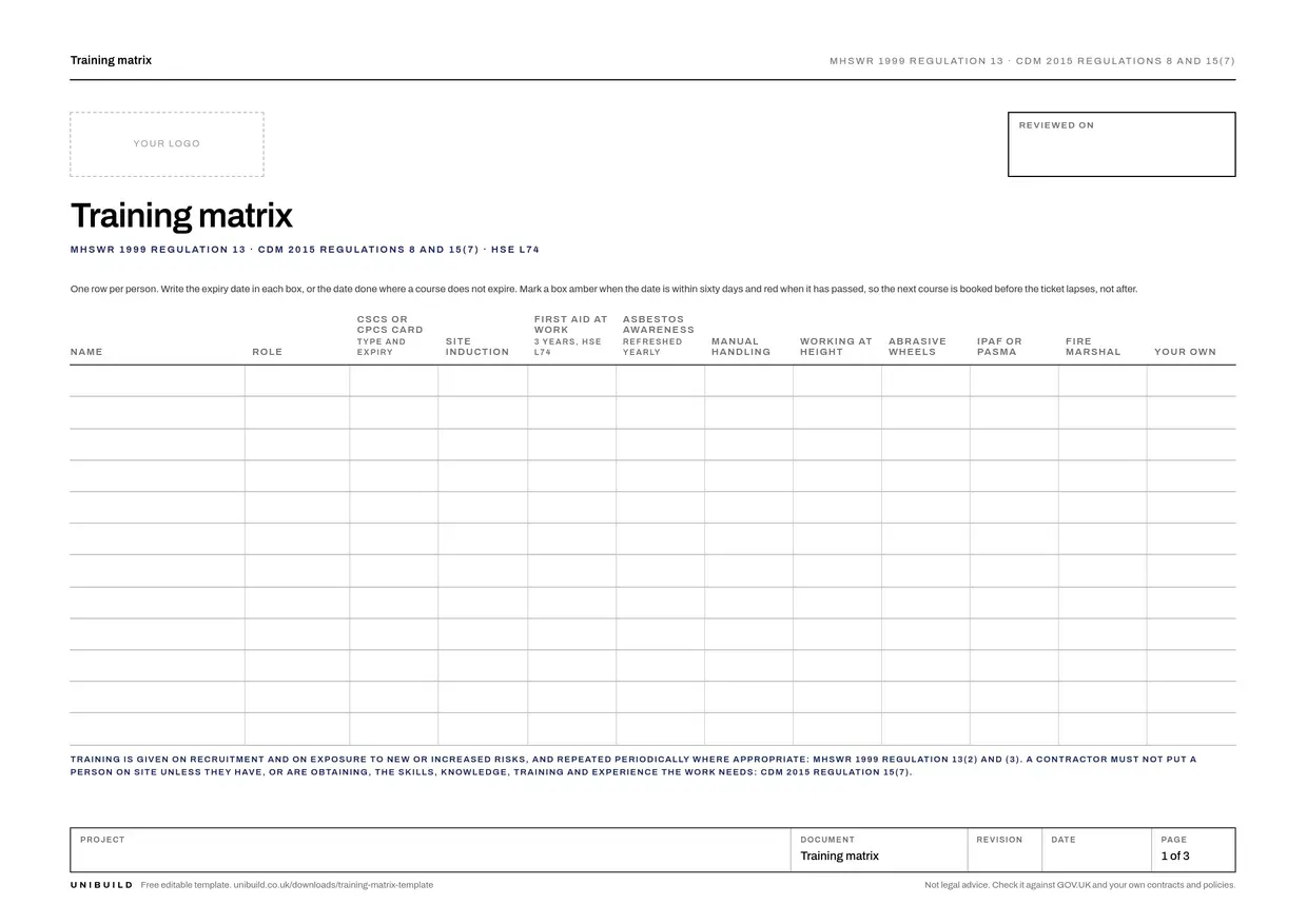 First page of the free training matrix template