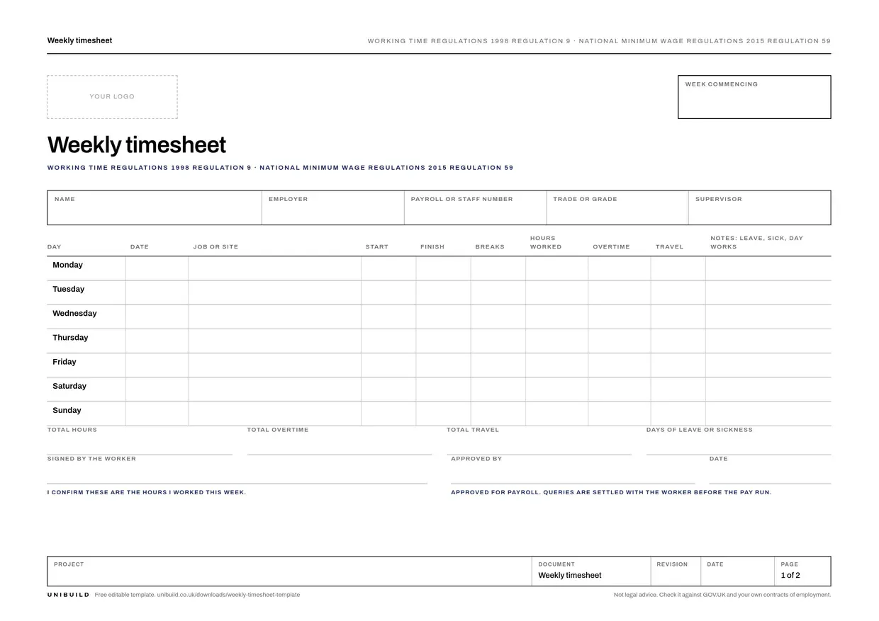 Front page of the free weekly timesheet template from Unibuild